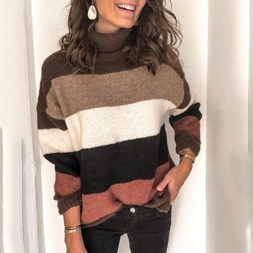 Women Stripe Patchwork Turtle Neck Long Sleeve Autumn Winter Sweater Turtleneck