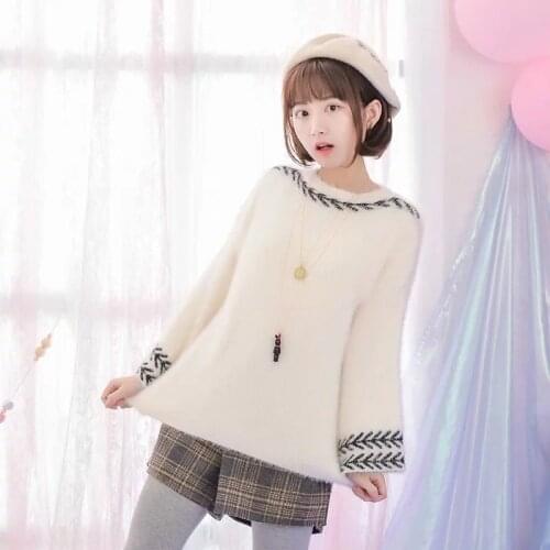 2021 Winter Warm Sweaters Women Floral Jacquard Knitted Pullovers Full Sleeve O-neck Korean Fashion Sweet Jumpers Soft Girl Tops