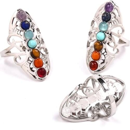 Hot sale Natural Gem Seven Color Fashion Exaggeration Ring Indian Religious Culture Seven Chakras Hollow Pattern Adjustable Ring