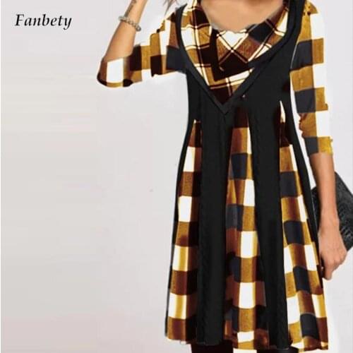 Vinatge V-Neck Casual Long Sleeve Dress Autumn Winter Fashion Patchwork Plaid Party Dresses Casual Long Sleeve Female Dress 2021
