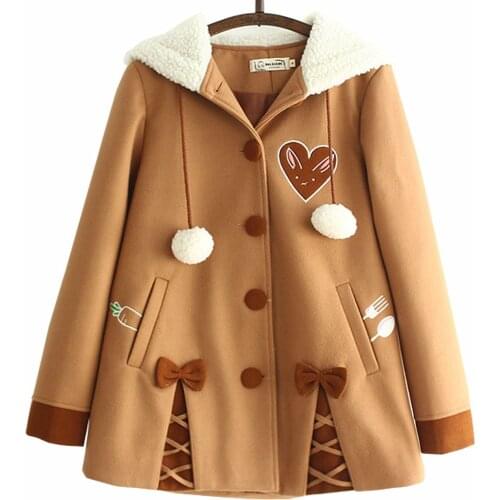 Japanese Soft Sister Cute Radish Embroidered Women Woolen Hooded Coat 2020 Winter Casual Bow Sweet Cute Loose Brown Jackets
