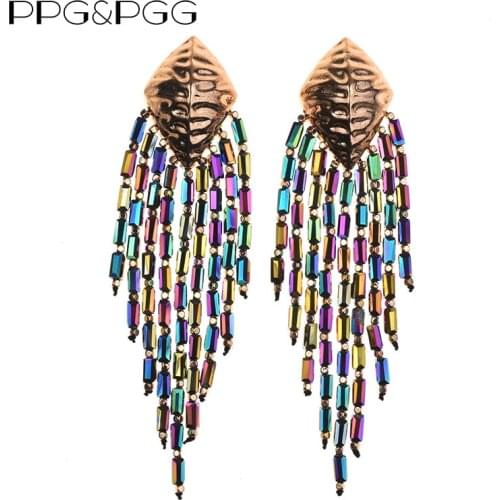 2020 ZA Fashion Colorful Glass Tassel Drop Earrings For Women Boho Vintage Long Fringed Dangle Earrings Big Hanging Jewelry
