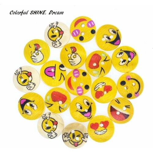 50PCs Wholesale Natural Wooden Buttons Round Smiling Face Design Scrapbooking Sewing Accessories DIY Craft 2 Holes 15mm Dia