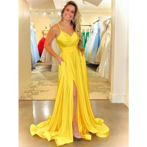 Glossy Satin Prom Dresses with Pockets Spaghetti Strap V Neck A Line High Slit Side Formal Evening Party Gowns