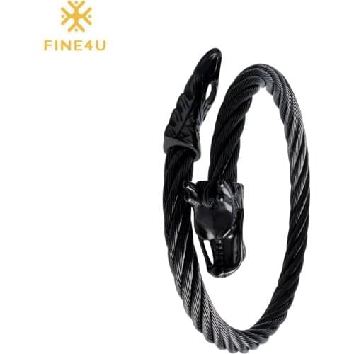FINE4U B060 Dragon Head Cuff Bracelet Bangles For Men Women 316L Stainless Steel Twisted Cable Bracelets