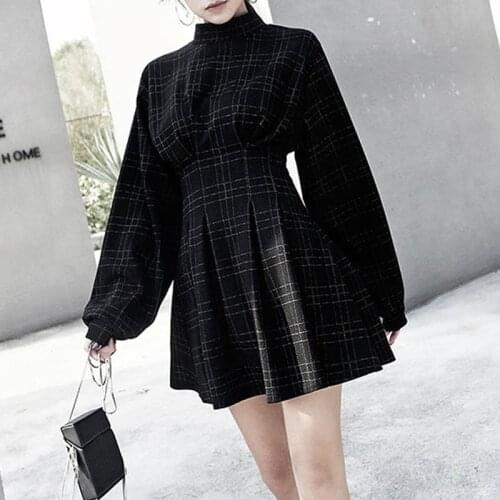 One Piece High Waist Long Sleeve Plaid Punk Gothic Dresses For Girls 2020 Spring Autumn Vintage Women Mini Dress Female Vestidos