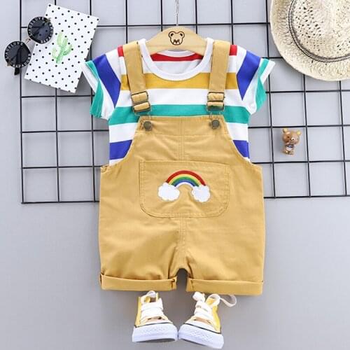 Childrens two-piece suit for boys and girls new summer baby Unicorn printed back belt pants stripe short sleeve top two sets