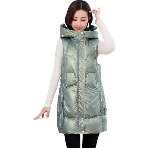 Long Sleeveless Jackets Womens Hooded Warm Ladies Casual Winter Vests Zipper Pockets Thick Glossy Fashion Waistcoat for Female