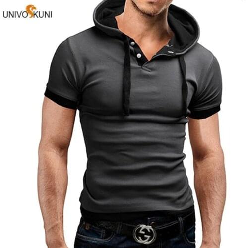 2019 Men T-Shirt Short-Sleeved Hooded Slim Fit Summer Sports Street Soild Color Casual Big Size 5XL Camisetas American Clothing