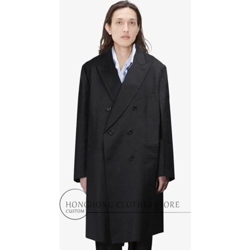 [custom size]2021 Black blazer with collar, double-breasted, long wool coat, autumn/winter coat for men