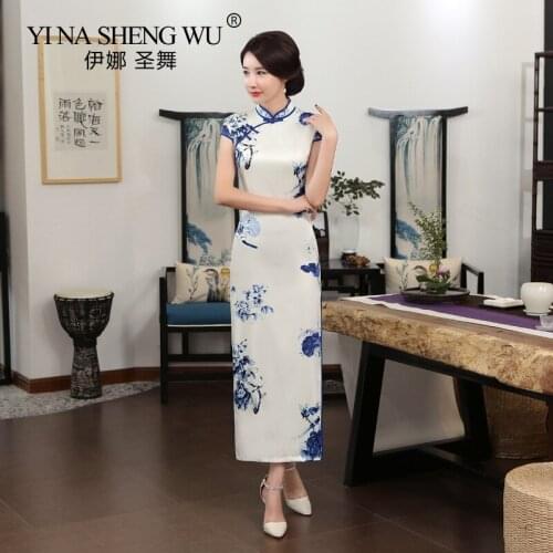 Chinese Traditional Qipao Dresses Vintage Slim Blue And White Cheongsam For Women Party Wedding Fashion Floral Print Long Dress
