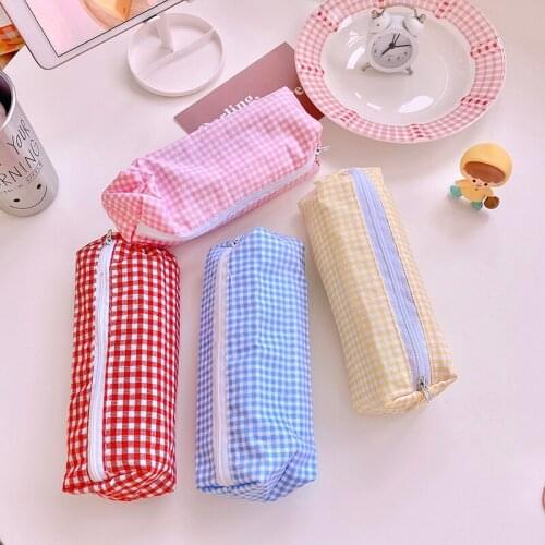Kawaii Pencil Bag Plaid Pencil Case Simple Student Stationery Bag Storage Bag Retro Storage Pencil Case School Supplies