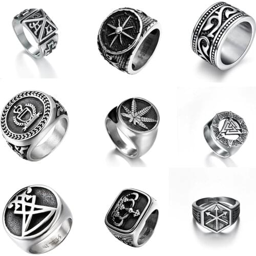 Mens Boys Sigil of Lucifer Seal Satan Stainless Steel Ring For Crown Maple Leaf Cross Arrow Rings Men Hiphop/Rock Jewelry