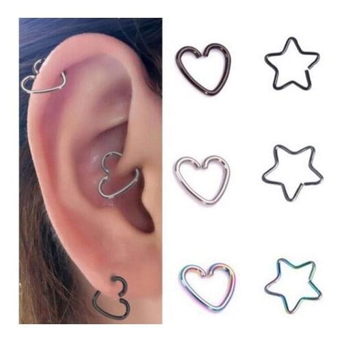1pcs 5Color Jewelry Stainless Steel Heart and Star Shape Ring Cartilage Hoop Lip Nose Rings Clip Ear Stud Earring Jewelry