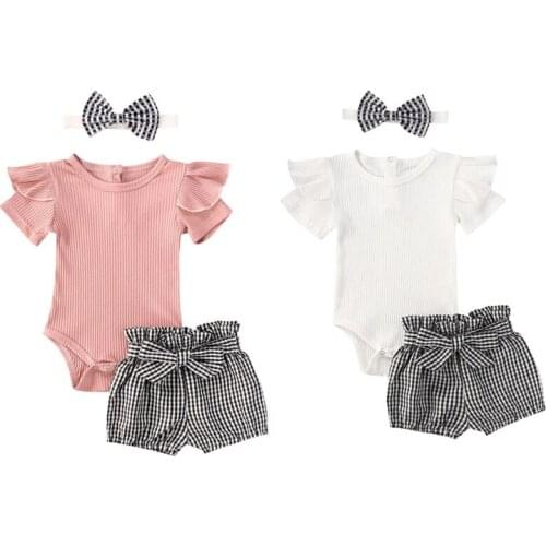0-24M Newborn Baby Girl Clothing Set 2PCS Short Sleeve Knitted Romper Top Striped Shorts Summer Baby Girls Fashion Outfit