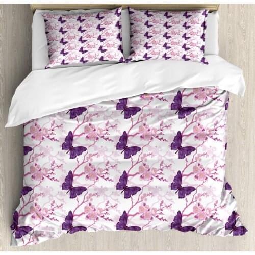 Floral Duvet Cover Set Delicate Illustration of Flowers and Butterflies 3 Piece Bedding Set Purple Pink White
