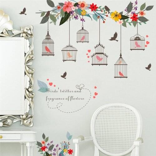 Colorful Flower Birds Birdcage Wall Sticker Decals Wall Art For Home Living Room Bedroom Tv Background Garden Window Decor