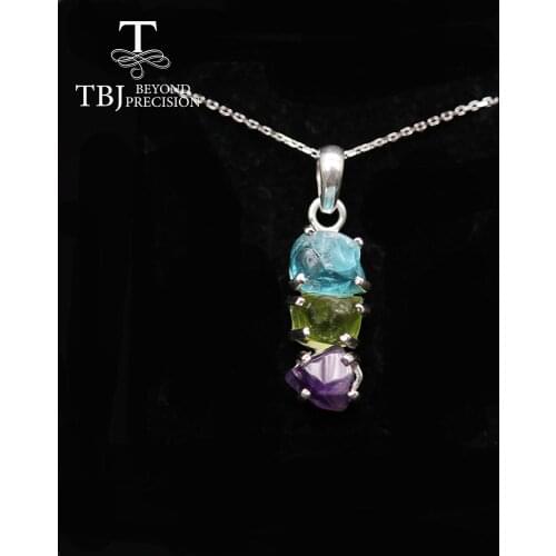 Multi colorful gemstone rough pendant natural apatite peridot amethyst gemstone rough fine jewelry 925 sterling silver for women