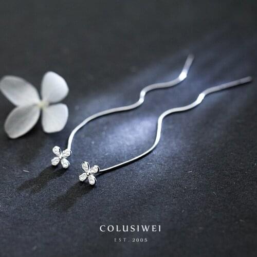 Colusiwei Fashion 925 Sterling Silver Shining Clover Clear Zircon Long Chain Drop Earrings for Women Dangle Earrings Jewelry