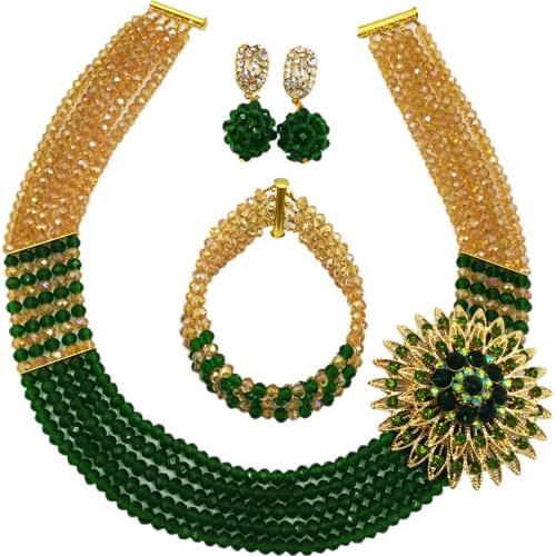 Fashion Gold AB Dark Green Crystal Beaded Necklace Nigerian Wedding African Beads Jewelry Set for Women 5L-SXJB18