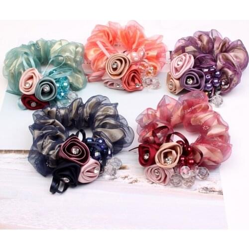 Fashion Girls Women pearl hair accessories Creative Double layer lace flower seamless headband rubber band elastic hair bands