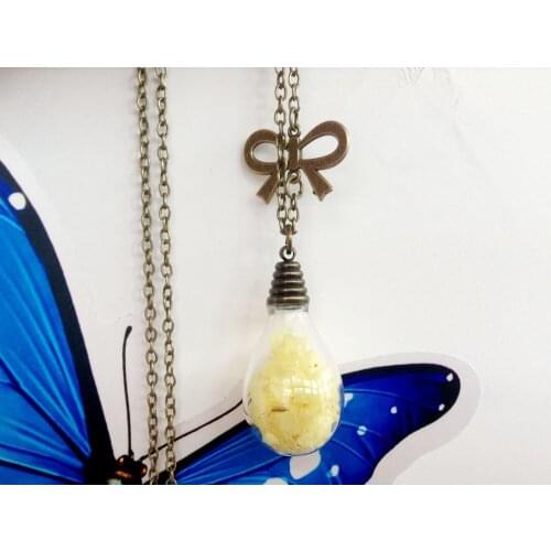 2014 New Yellow real dried flowers Water drop glass globe necklace,Glass Bottle Pendant - Botanical Jewelry,daughter gift