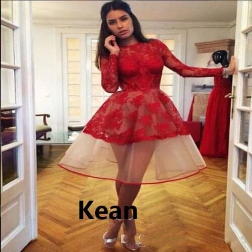 Illusion Red Homecoming Dresses Full Sleeves Lace Appliques A-Line Knee Length See Through Elegant Cocktail Dresses