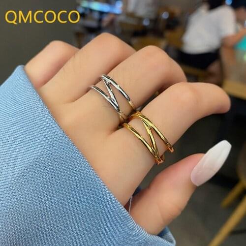 QMCOCO Korean 925 Silver Ring INS Simple Punk Cross Double Layer Line Opening Adjustable Ring For Women Fine Index Finger Ring