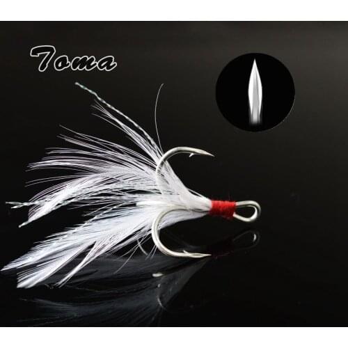 TOMA 10PCS Treble Hooks With Feather Fishing Hook High Carbon Steel 1/2/4/6/8/10# Blood Slot Barbed Hooks Fishing Tackle