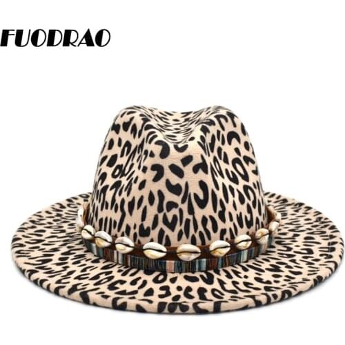 FUODRAO High Quality Leopard Print Wide Brim Fedora Women Wool Jazz Caps Men Party Formal Top Hat F35