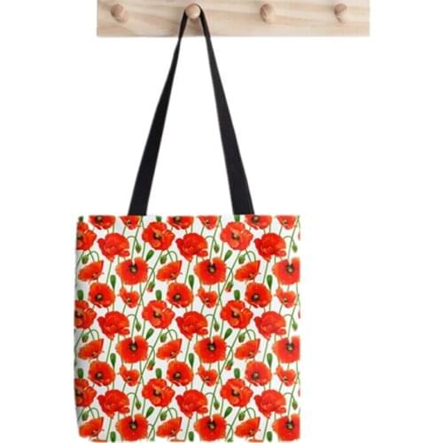 Women Shopper bag Red Poppy flowers Printed Kawaii Bag Harajuku Shopping Canvas Shopper Bag girl handbag Tote Shoulder Lady Bag