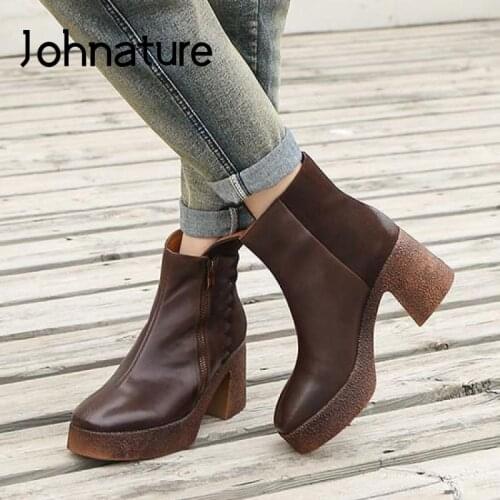Johnature Women Shoes High Heel Boots 2020 New Genuine Leather Zip Irregular Design Fashion Concise Handmade Platform Boots