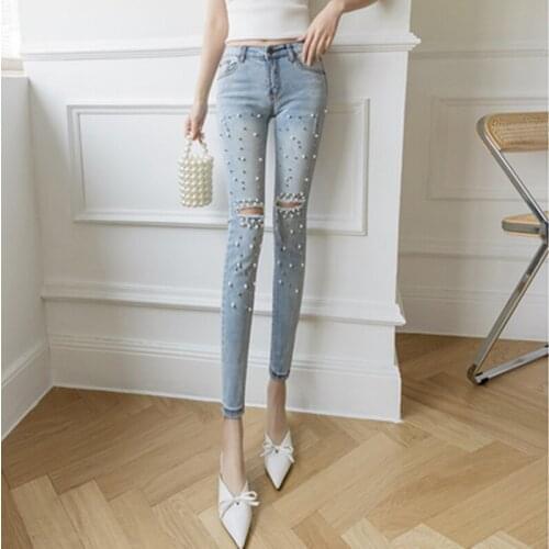 2021 New Spring Women Fashion High Waist Large Size Straight Skinny Jeans Casual Beading Hole Slim Denim Pencil Pants Feminina
