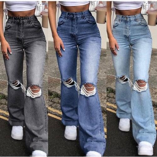Women Street Ripped Flare Jeans Baggy Wide Lege Blue Denim Pants Vintage Streetwear High Waist Black Gray Bell Bottoms 2XL