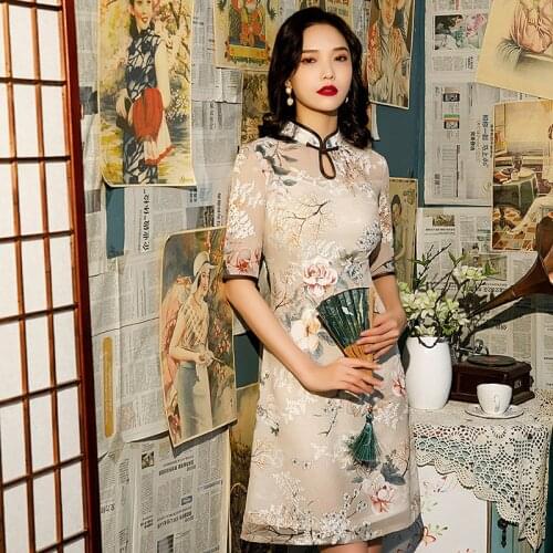 Women Embroidered Oriental Style Dresses Modified Cheongsam Chinese Short Qipao