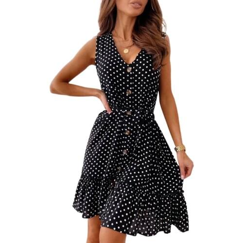 Women V-neck Dress, Wavy Points Printed Pattern Sleeveless Skirt with Waistband, Black/ White