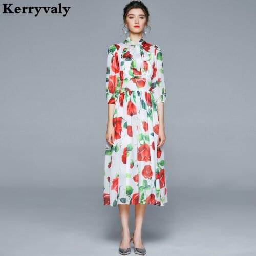 Autumn Bow Tie Printed High Waist Elegant Beach Dress Vestidos Verano 2021 Mujer Expandable Floral Party Dress Sukienka K8626