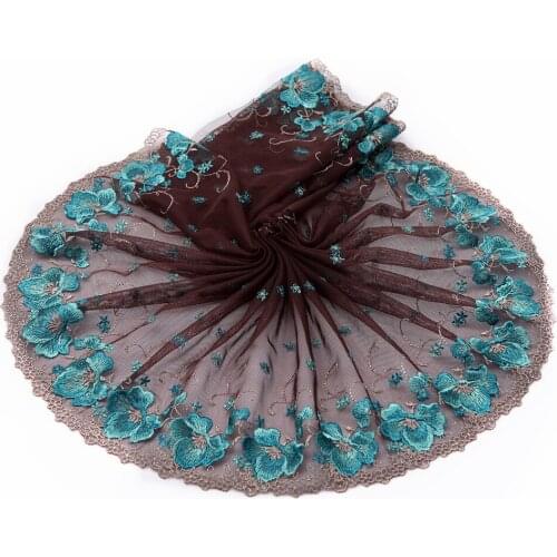 2yards/lot 22cm wide Embroidered Tulle Lace trim mesh lace Fabric~Chocolate + Blue~lovely