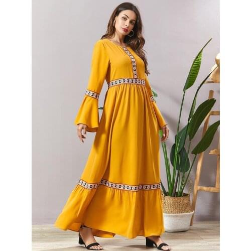 2021 Large Size Women Yellow Lace Stitching Horn Long Sleeved Muslim Prayer Dress Dubai Khimar Abaya Islamic Dress for Lady Girl