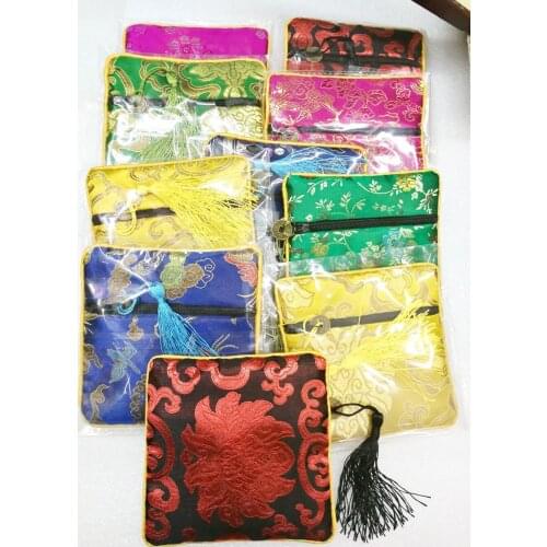 5pcs Chinese Zipper Coin Tassel Square Embroidery Brocade Silk Coin Bags, Purse, Jewelry Bags, necklace bags Random Color