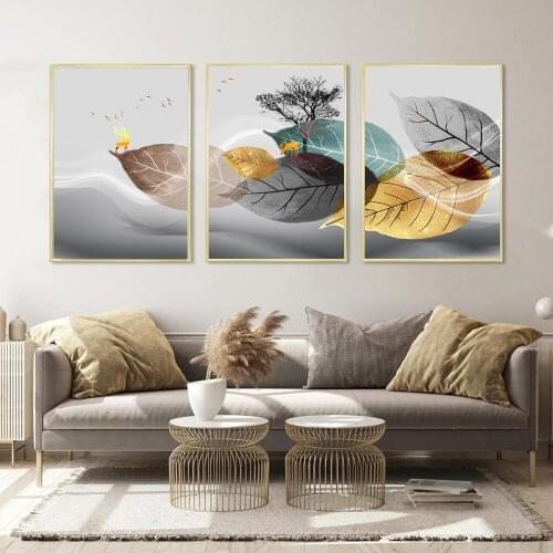 CNPAINTING Canvas Painting Grey Blue Gold Leaves Plant Poster Wall Art Picture Modern Minimalist Living Room Decor No Frame