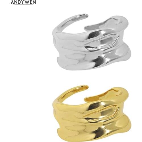 ANDYWEN 925 Sterling Silver Gold Plain Irregular Resizable Geometric Rings Women Thick Large Jewelry For Women Jewels Round