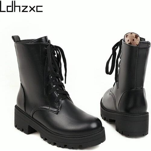 LDHZXC Autumn Women Ankle Boots Pu Leather Fashion Zip Thick Platform Heels Round Toe Platform Ladies Shoes Punk Big Size