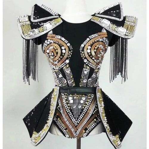 Black&red Rhinestones Bodysuit Dance Costume Bar Dj Dancers Sexy Nightclub DS Singer Rave Clothes Rhinestone Rivet Stage Wear