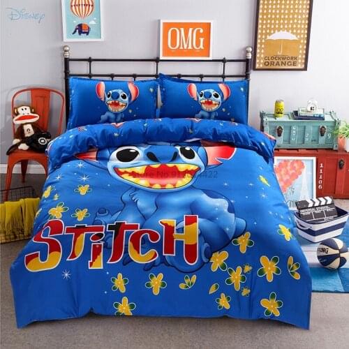 Disney Blue Stitch Bedding Set Children Kid Mickey Mouse Minnie Mouse Winnie The Pooh Character Duvet Cover Bed Sheet Pillowcase