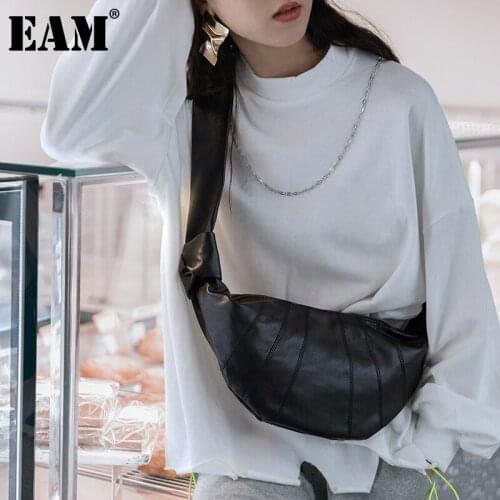 [EAM] Women New Black Split Joint Big Size Pu Leather Personality Cute All-match Waist&chest Bag Fashion Tide 2021 18A011301