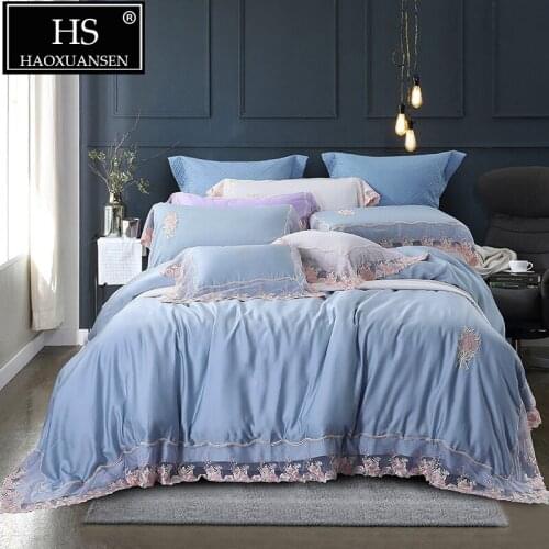 Blue 100% Tencel Lyocell Lace 4 Piece Bedding Sets Organic Natural Silky Soft Princess Double Duvet Cover Set Queen King Size