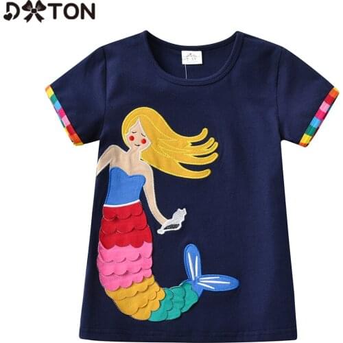 DXTON Girls T-shirts Cartoon Kids Short Sleeve Tees Mermaid Children Summer T Shirts Rainbow Cotton Toddler Unicorn Tops Wear