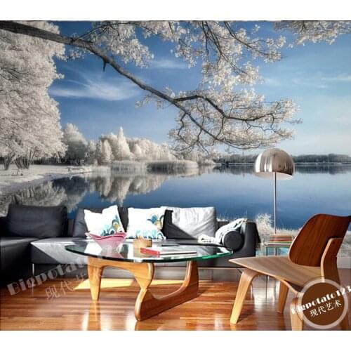 Custom 3D nature mural,fresh and beautiful blue sky white snow lake forest landscape ,living room TV wall bedroom wallpaper
