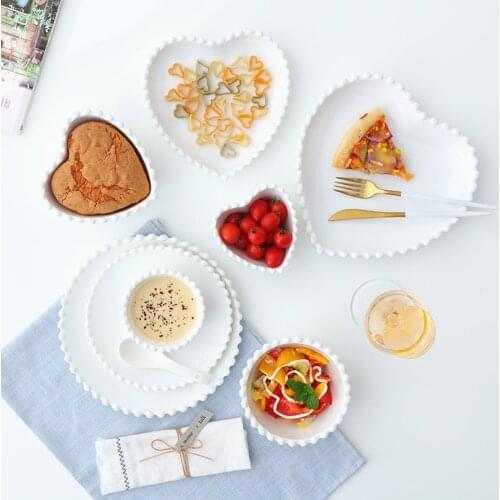 Pure White Ceramic Dish Love Heart Shape Bowl Chinese Food Dish Western Steak Plate Salad Bowl Rice Bowl Microwave Tableware
